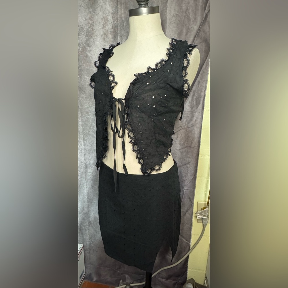 2 Pc Set Eyelet Embroidery Lace Tie Front Crop Top and Mini Skirt Set Summer